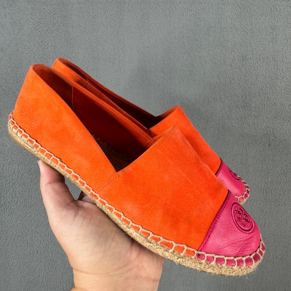 Tory Burch Colorblock Suede Leather Espadrilles Orange Pink Size 8.5 Flat Shoes